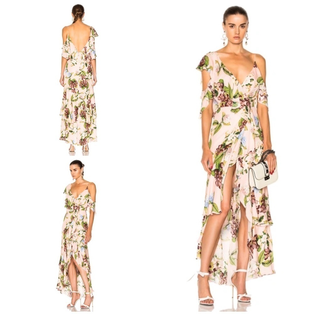Euc Nicholas Pink Evie Floral Hydrangeas Silk Ruffle Cold Shoulder Dress 2